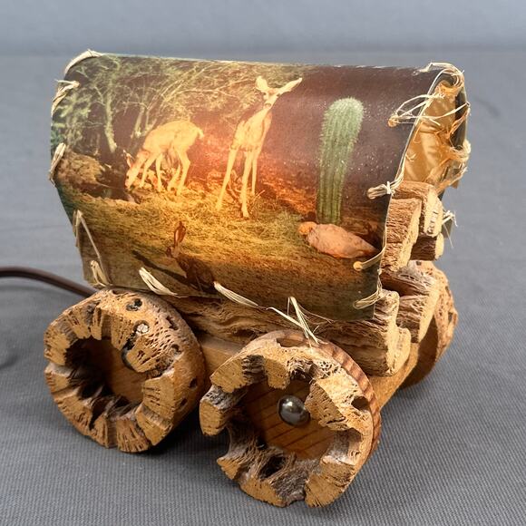 VTG Cholla Cactus Wood Covered Wagon Lamp 5" Rustic Southwest Deer Old West USA - Picture 12 of 16